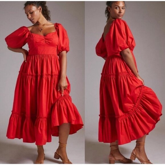 ATSU Red Poplin Off Shoulder A-Line Tiered Midi Dress Size 12 Anthropologie Puff - Picture 1 of 11